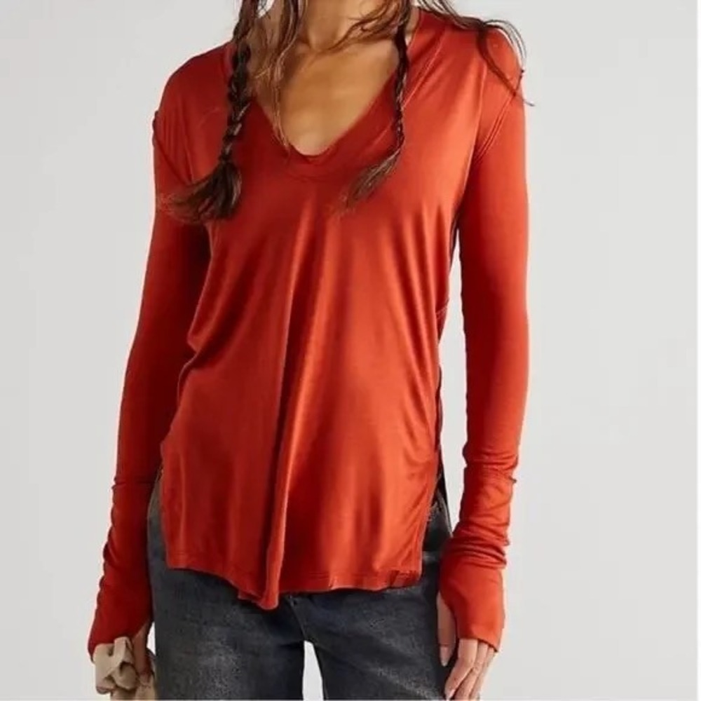 Free People Fresh and Clean Long Sleeve Top, NWT Size Medium, Orange Boho Casual